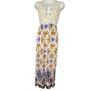 Umgee USA Boho Lace Bodice Maxi Floral Sleeveless V-Neck Lightweight Dress L